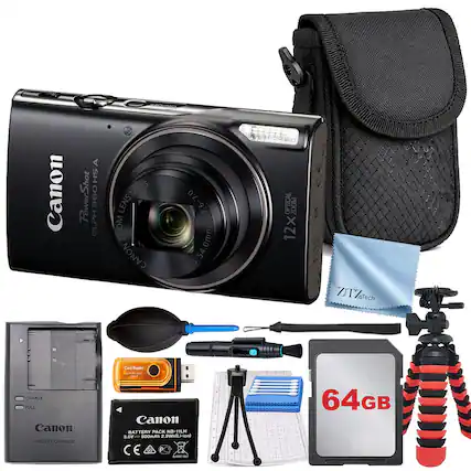 Canon PowerShot ELPH 360 HS A
12.8MP DIGITAL CAMERA
12X OPTICAL ZOOM
3.6-7.0mm 4.5-54.0mm
Canon BATTERY PACK NB-11LH 3.6V 800mAh 2.9Wh (Li-ion)
Canon BATTERY CHARGER
Card Reader
64GB SD Card
Tripod