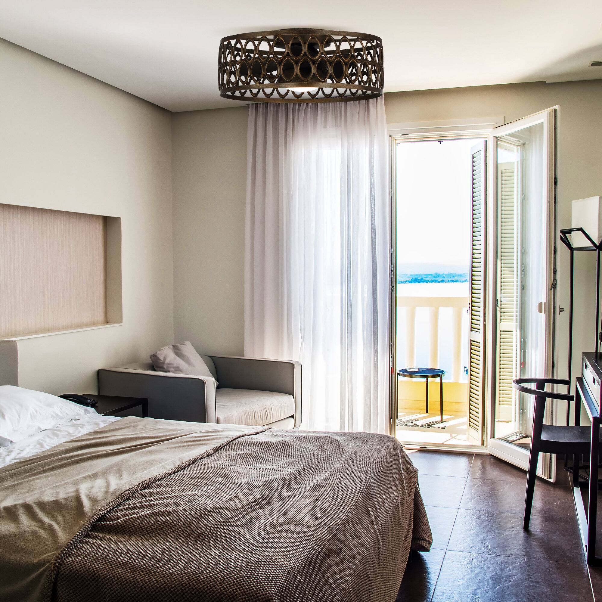 Back. Parrot Uncle - 21" Industrial LED Flush Mount Ceiling Fan with Lights and Remote Control - Bronze.