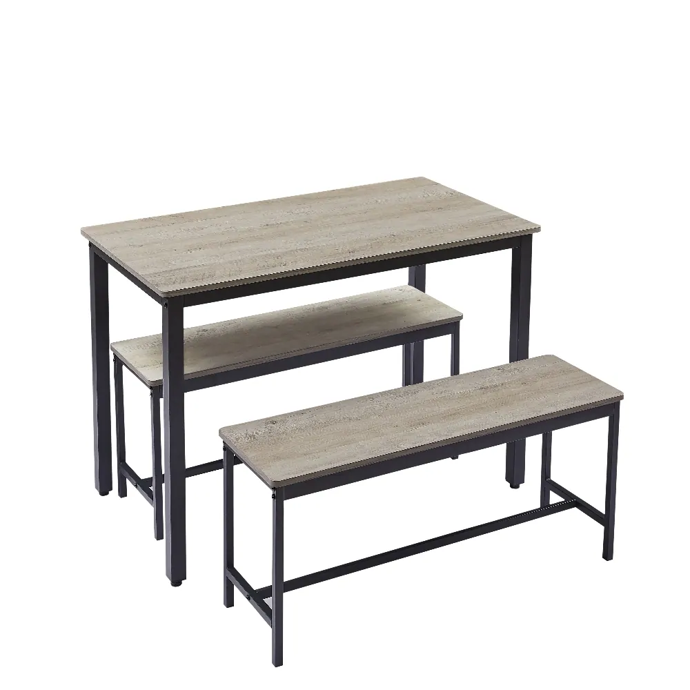 Back. Loheer - Loheer Dining Table Set Industrial Kitchen Table with 2 Stowable Benches Space Saving 3 Piece Rustic Grey - Grey.