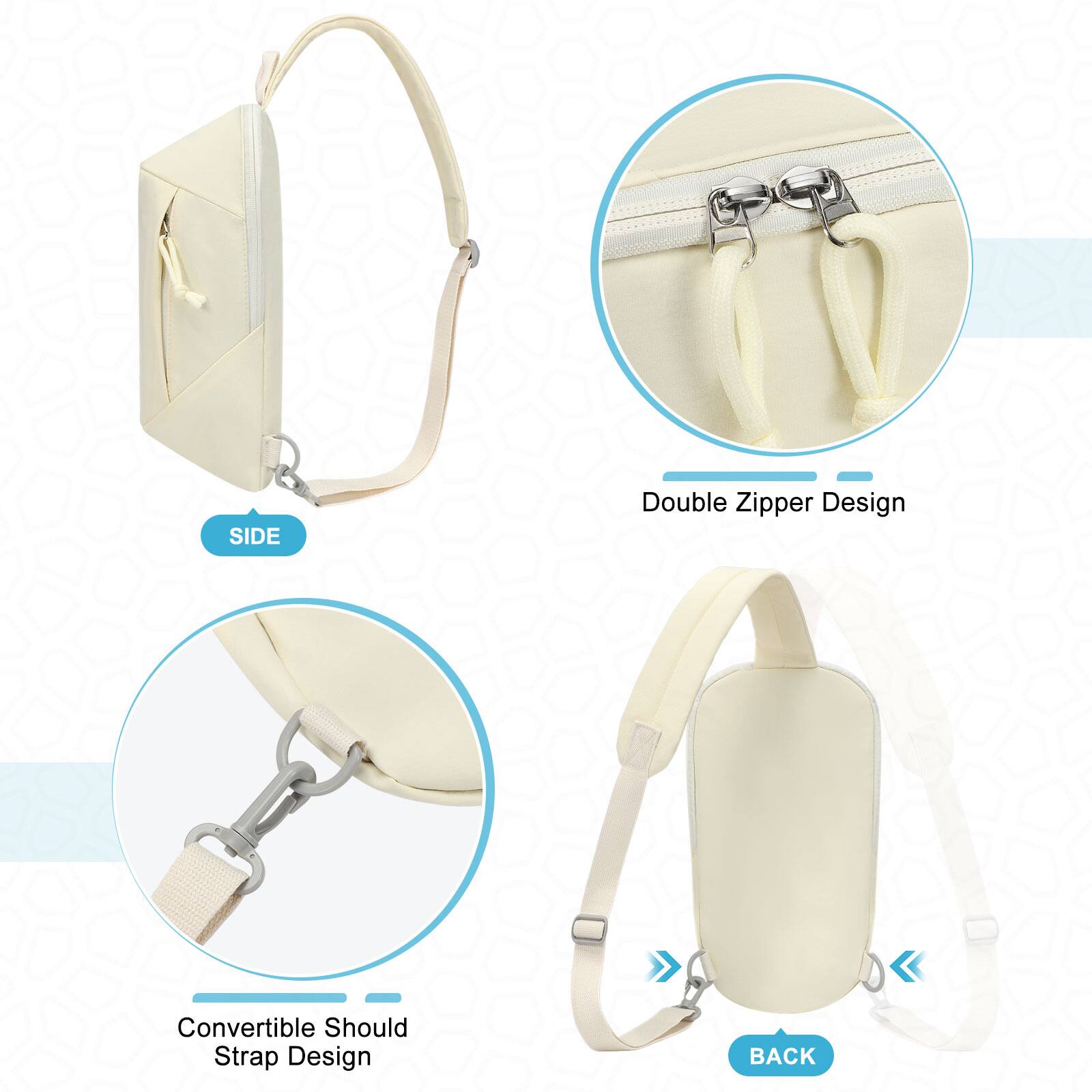 SIDE  
Double Zipper Design  
Convertible Shoulder Strap Design  
BACK