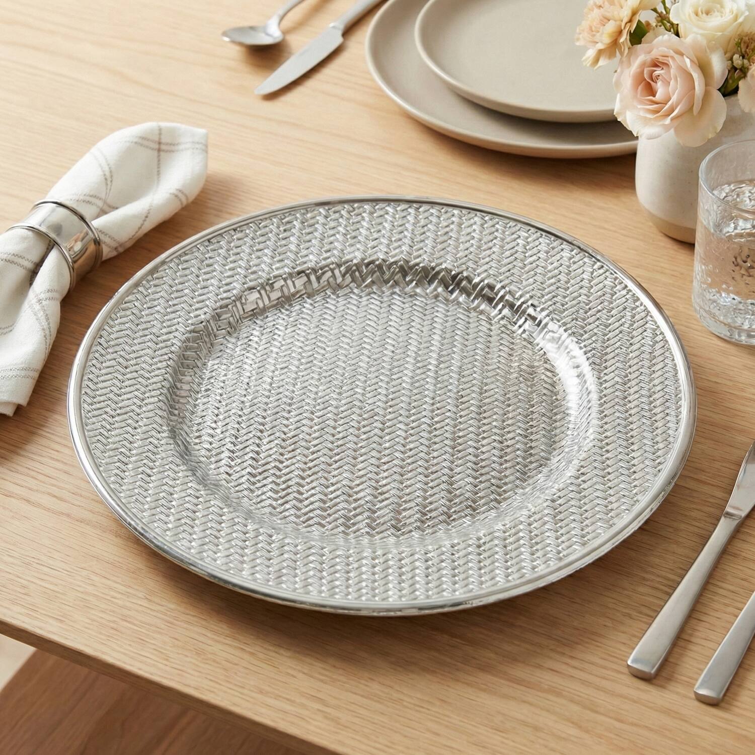 Left. American Atelier - Aubrey Electroplated Gray Antiqued Charger Set of 4 13"D - Gray.