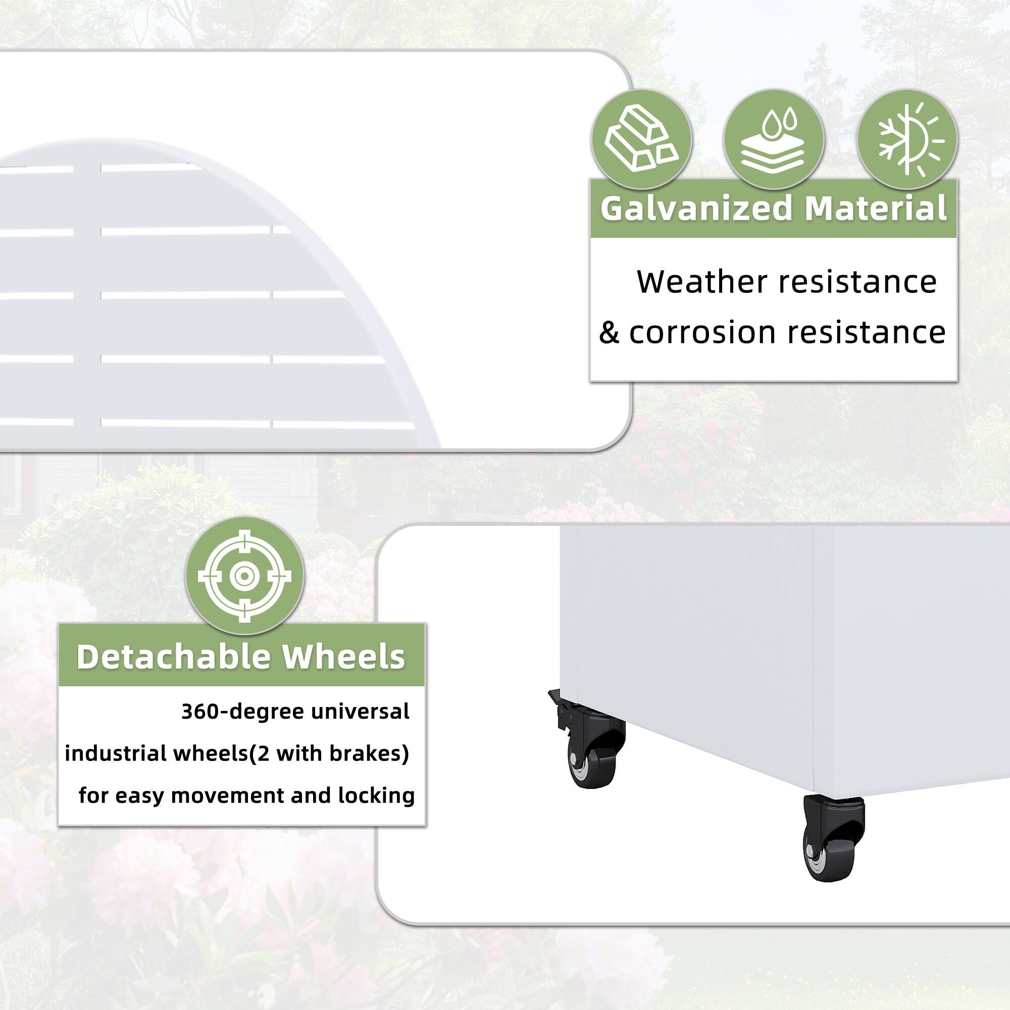 Galvanized Material  
Weather resistance & corrosion resistance  

Detachable Wheels  
360-degree universal industrial wheels (2 with brakes) for easy movement and locking