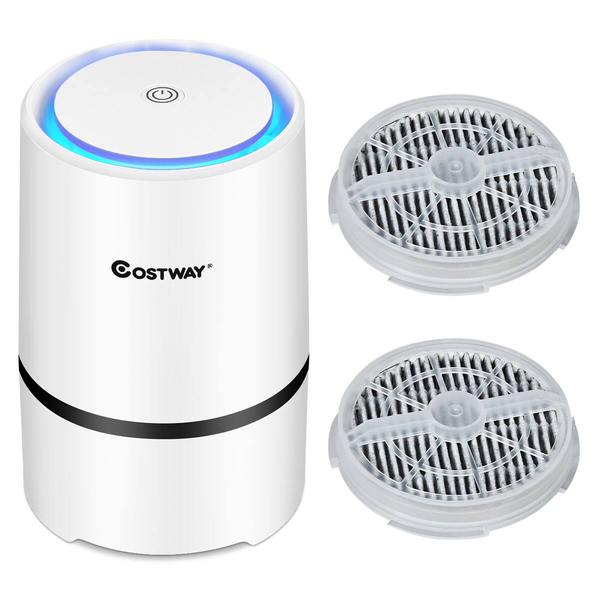 Costway - Air Purifier Mini Ionic HEPA W/2pcs 3-in-1 Composite HEPA Filter Nightlight, USB - White