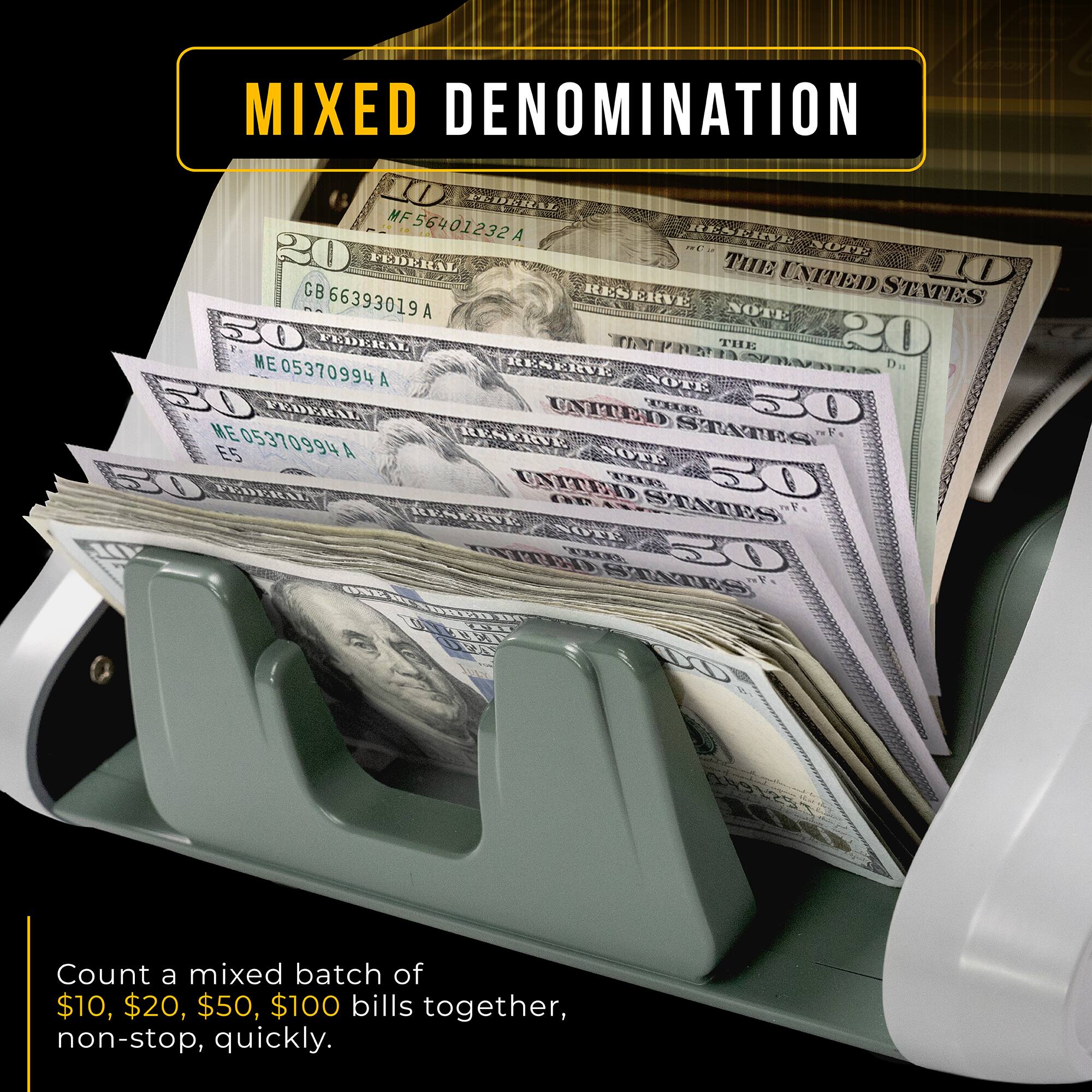 MIXED DENOMINATION

Count a mixed batch of $10, $20, $50, $100 bills together, non-stop, quickly.