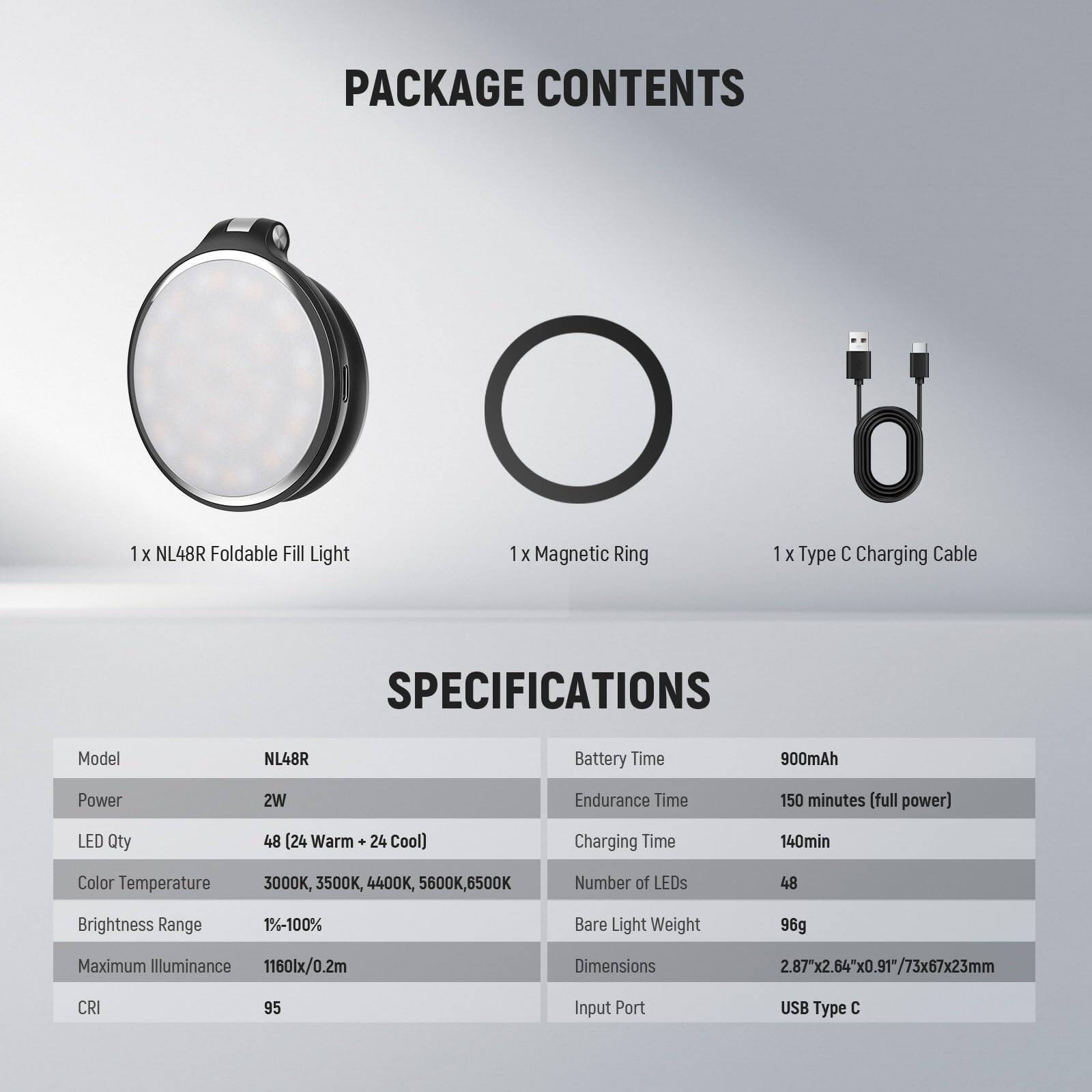 PACKAGE CONTENTS  
1 x NL48R Foldable Fill Light  
1 x Magnetic Ring  
1 x Type C Charging Cable  

SPECIFICATIONS  
Model: NL48R  
Power: 2W  
LED Qty: 48 (24 Warm + 24 Cool)  
Color Temperature: 3000K, 3500K, 4400K, 5600K, 6500K  
Brightness Range: 1%-100%  
Maximum Illuminance: 1160lx/0.2m  
CRI: 95  
Battery Time: 900mAh  
Endurance Time: 150 minutes (full power)  
Charging Time: 140min  
Number of LEDs: 48  
Bare Light Weight: 96g  
Dimensions: 2.87"x2.64"x0.91/73x67x23mm  
Input Port: USB Type C