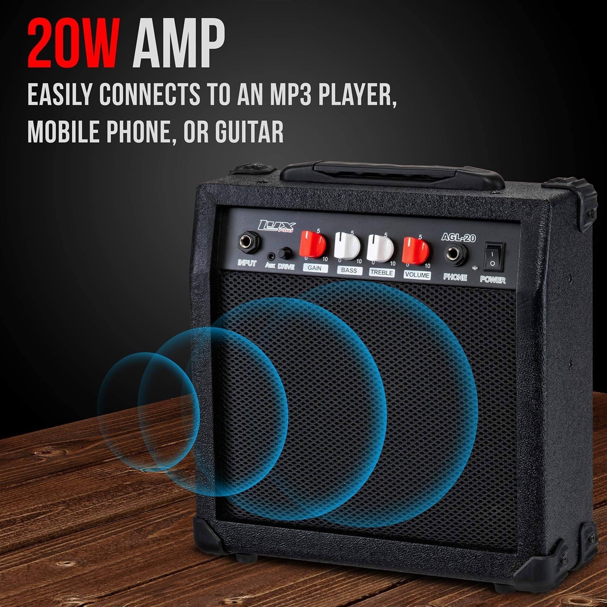 20W AMP EASILY CONNECTS TO AN MP3 PLAYER, MOBILE PHONE, OR GUITAR
INPUT GAIN BASS TREBLE VOLUME PHONE POWER