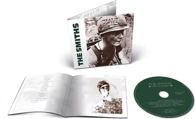 **Front Cover:**
- THE SMITHS
- MEAT IS MURDER
**Back Cover:**
- THE SMITHS
- MEAT IS MURDER
**CD:**
- THE SMITHS
- MEAT IS MURDER
**Tracklist:**
1. THE HEADMASTER RITUAL
2. RUSHOLME RIFLES
3. I WANT THE ONE I CAN'T HAVE
4. WHAT SHE SAID
5. THAT JOKE ISN'T FUNNY ANYMORE
6. NOWHERE FAST
7. HOME IS WHERE THE HEART IS
8. MEAT IS MURDER
**Additional Text:**
- Produced by John Leckie
- Recorded at Wessex Studios, London
- Mixed at Wessex Studios, London
- Mastered at Wessex Studios, London
- © 1985 The Smiths
- ℗ 1985 The Smiths
- All rights reserved. Unauthorized copying, hiring, lending, public performance and broadcasting of this record prohibited.
**Lyrics Page:**
- (Lyrics are not fully legible, but the page contains the lyrics to the songs on the album.)