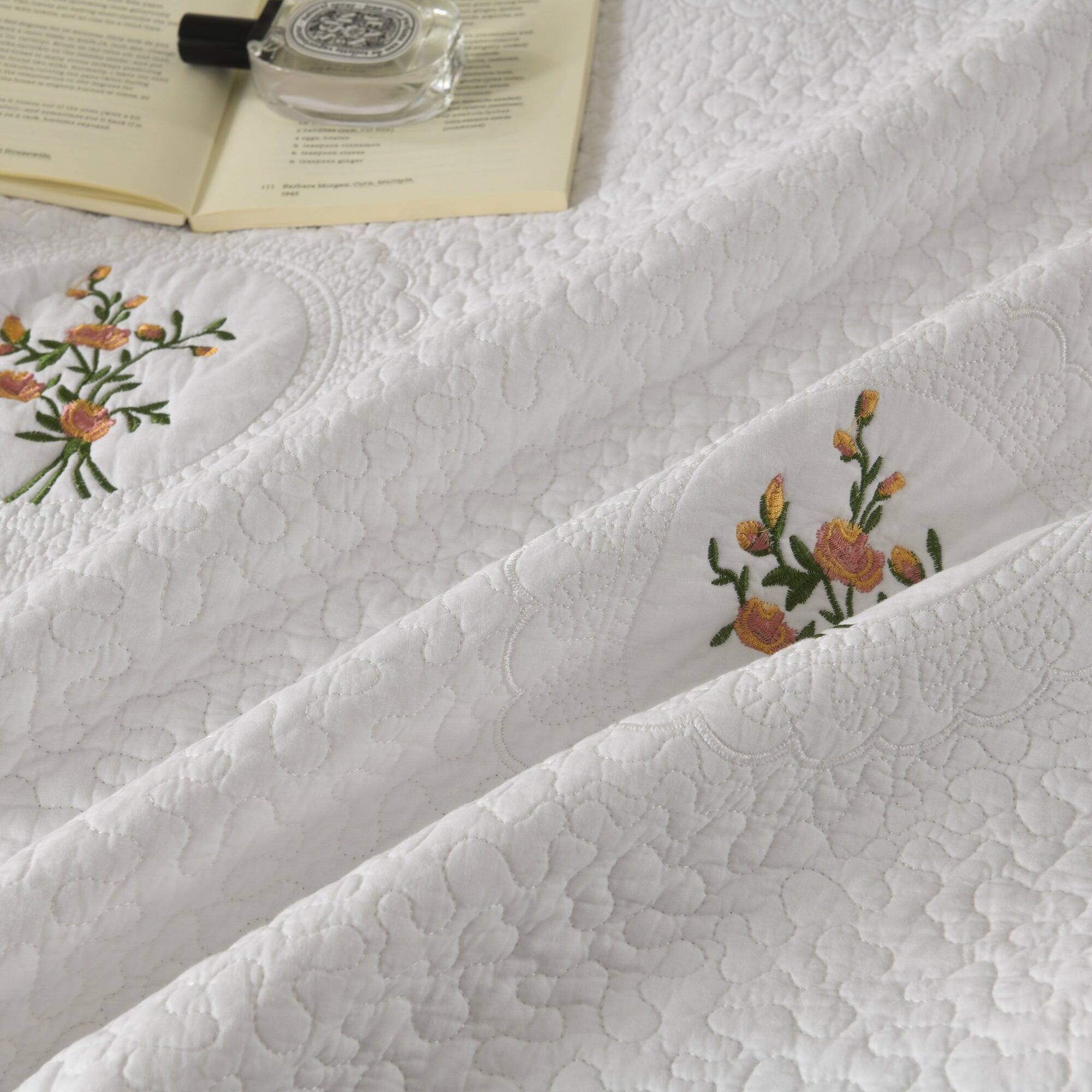 Back. MarCielo - MarCielo 3 Piece 100% Cotton Cover Rose Embroidered Vintage Cottage Quilt Bedspread Set - White.