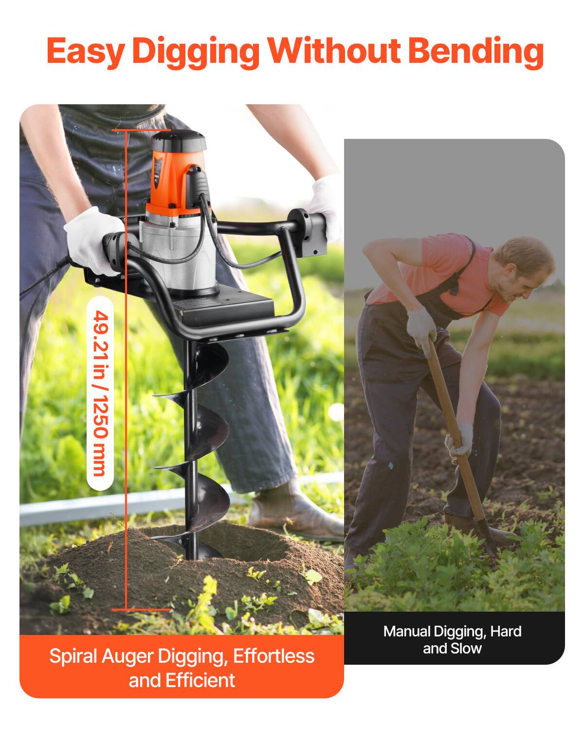 Easy Digging Without Bending

49.21 in / 1250 mm

Spiral Auger Digging, Effortless and Efficient

Manual Digging, Hard and Slow