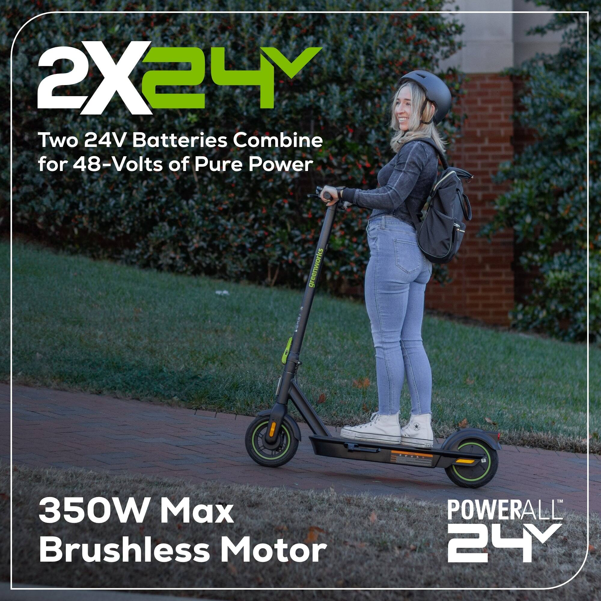 Two 24V batteries combine for 48-volts of pure power. The greenworks 350W Max Brushless Motor is powered by a 350W brushless motor.