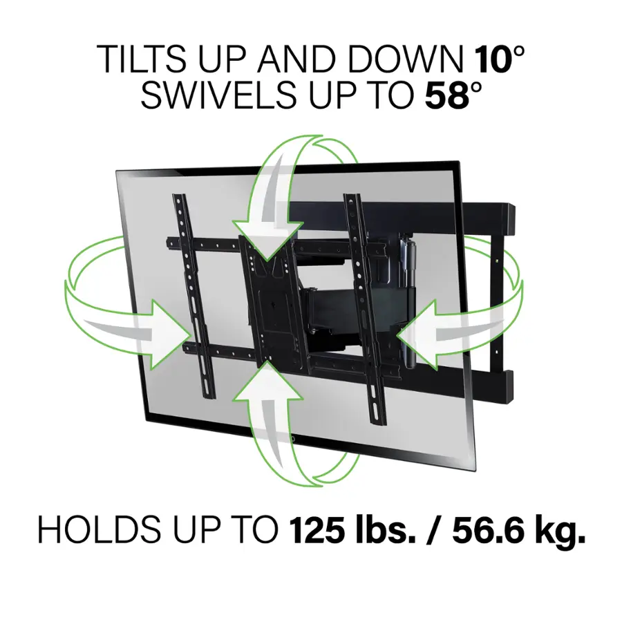 Tilts up and down 10 swivels up to 58 holds up to 125 lbs. / 56.6 lbs. / kg.
