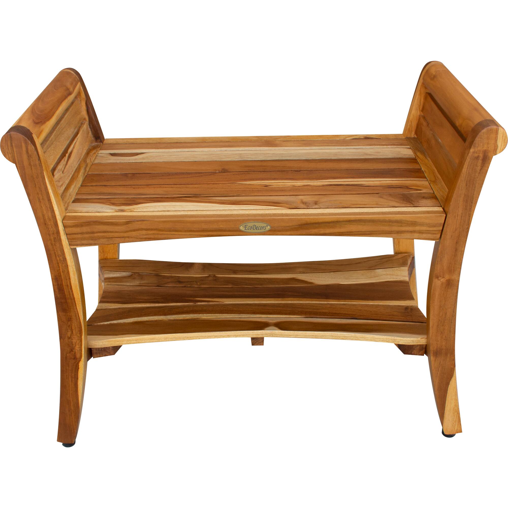 Alt View 1. EcoDecors - EcoDecors EarthyTeak Symmetry 29" Teak Shower Bench With Shelf And LiftAide Arms - EarthyTeak.