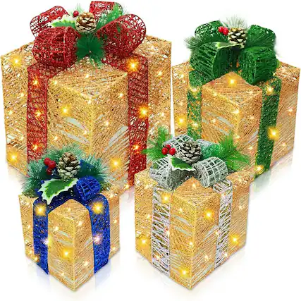 Front. RTMB - 4-Pack Lighted Christmas Gift Boxes, 70 LED, Gold Glitter, Indoor/Outdoor - color: gold+red, gold+green, gold+silver Style: A.