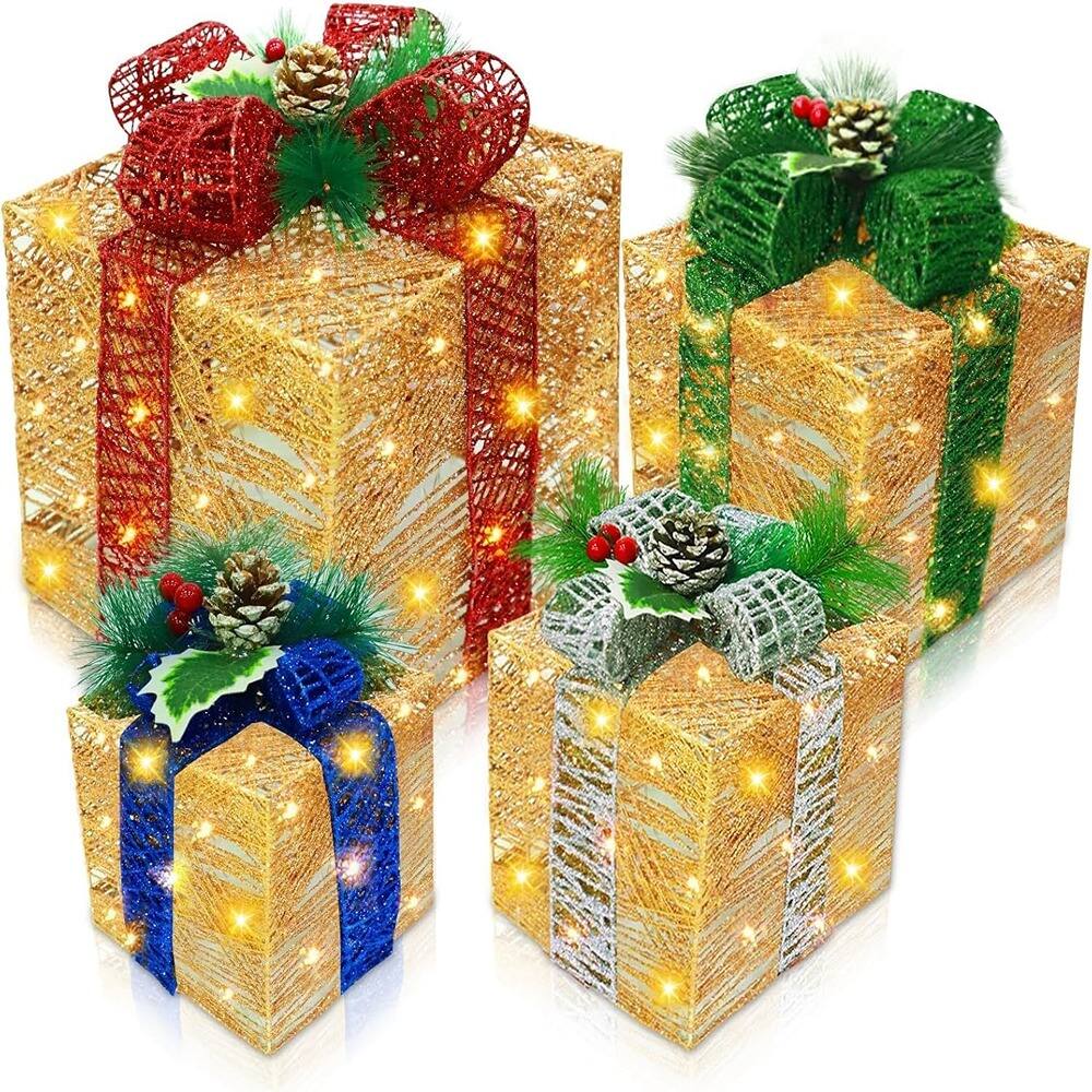 Front. RTMB - 4-Pack Lighted Christmas Gift Boxes, 70 LED, Gold Glitter, Indoor/Outdoor - color: gold+red, gold+green, gold+silver  Style: A.