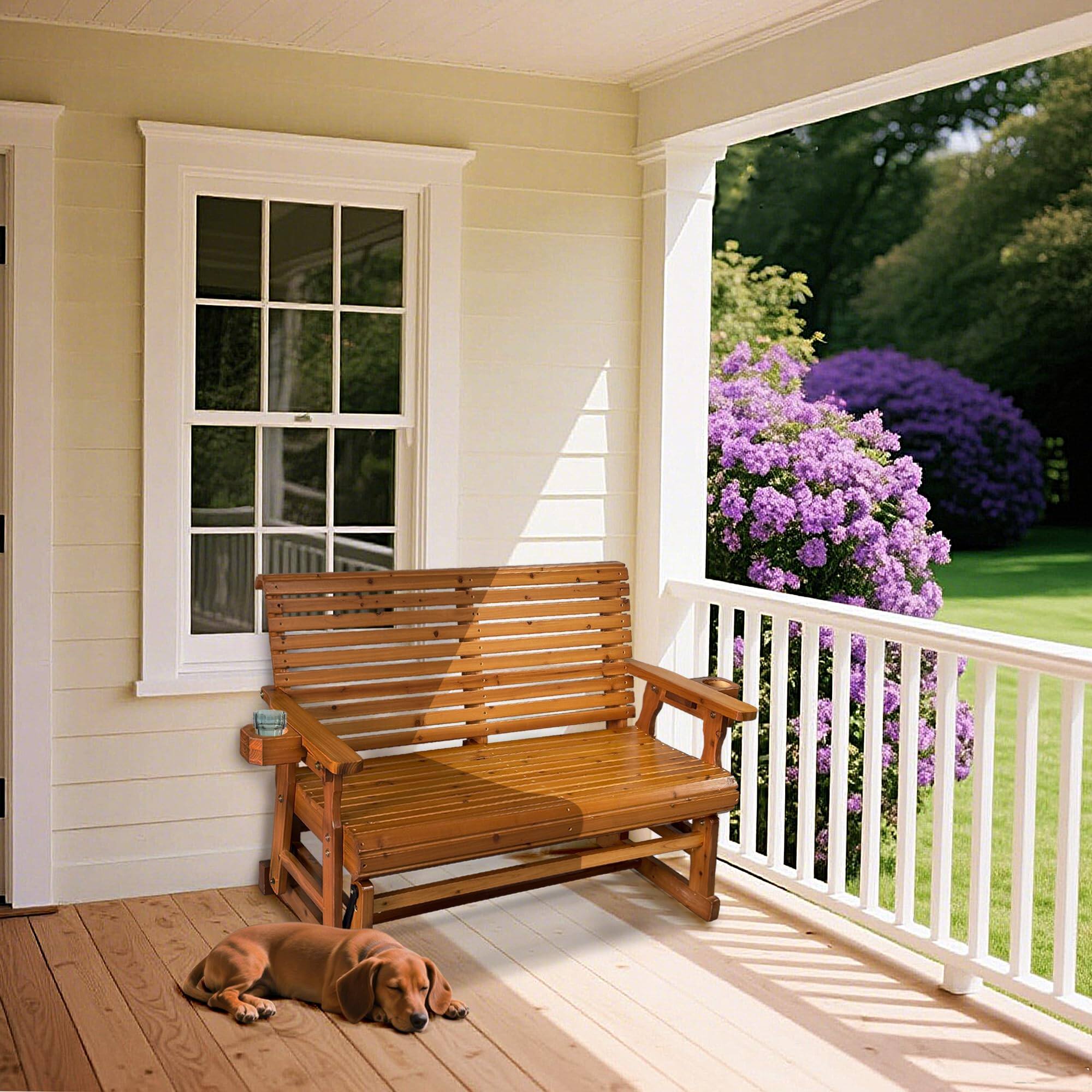 Alt View 1. Fortune Candy - Wooden Patio Glider with Cup Holders, High Roll Back and Deep Contoured Seat, Heavy Duty 800 Lb (2-Seater) - Teak Tone.