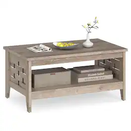 Costway - 39.5" 2-Tier Coffee Table with Open Shelf Woven Decorations Storage for Living Room - Rustic Oak