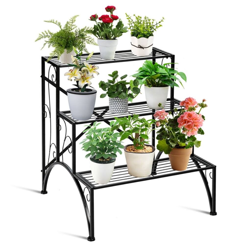 Left. Pefilos - 3-Tier Metal Plant Rack Garden Shelf in Stair Style, Flower Pot Stand for Planter Corner Garden Balcony Patio - Black.