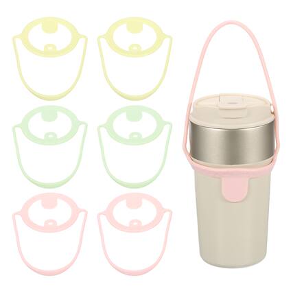 Front. Unique Bargains - 6pcs Silicone Coffee Cup Carrier with Straw Ring Reusable Drink Holder for Travel & Takeout - Matcha Green/Yellow/Pink.