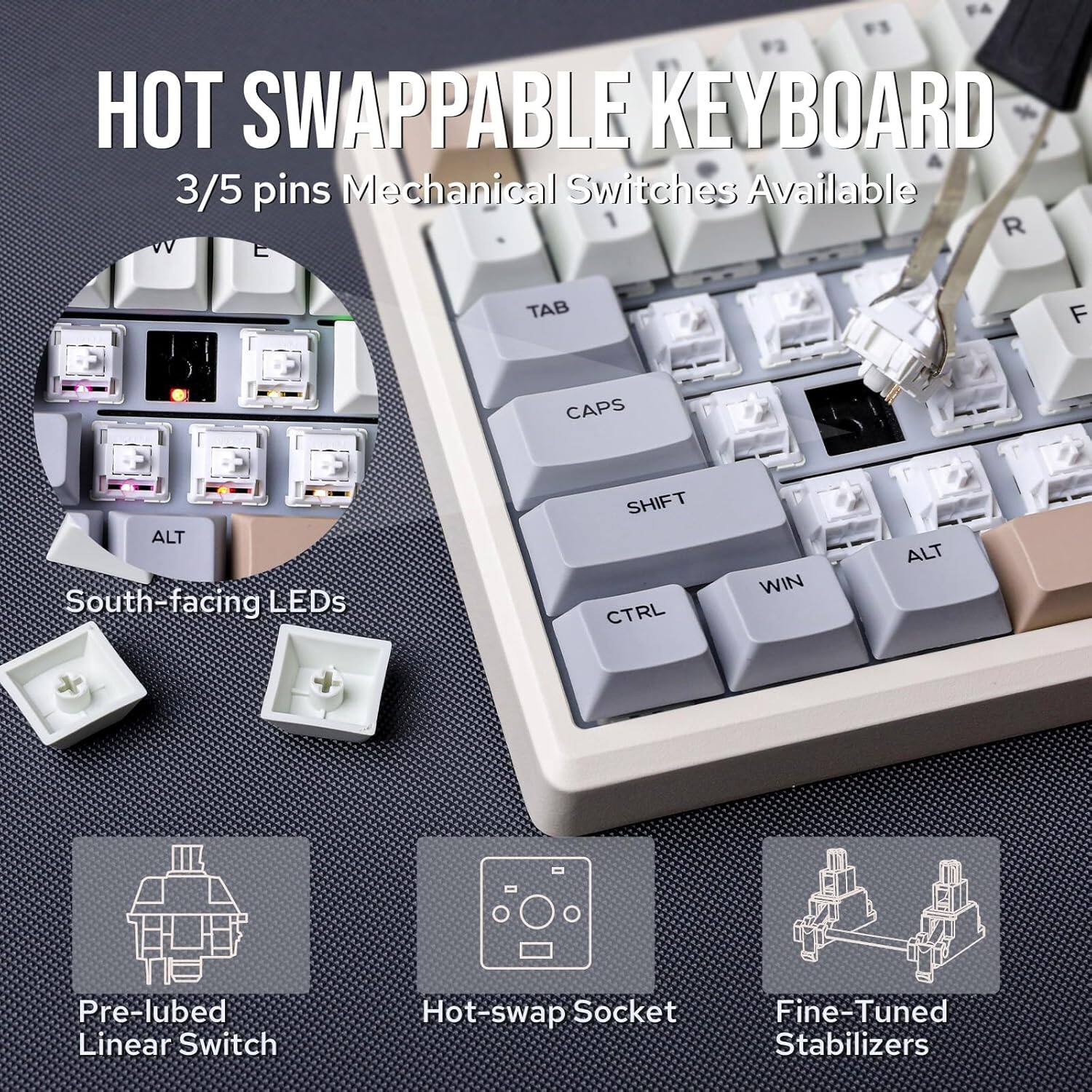 HOT SWAPPABLE KEYBOARD  
3/5 pins Mechanical Switches Available  

- South-facing LEDs  
- Pre-lubed Linear Switch  
- Hot-swap Socket  
- Fine-Tuned Stabilizers