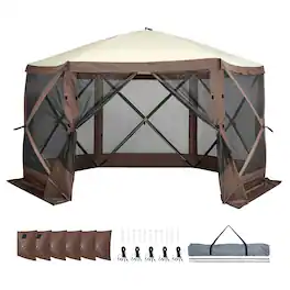 VEVOR - Pop Up Gazebo Tent, Pop-Up Screen Tent 6 Sided Canopy Sun Shelter with 6 Removable Privacy Wind Cloths & Mesh Windows - Brown