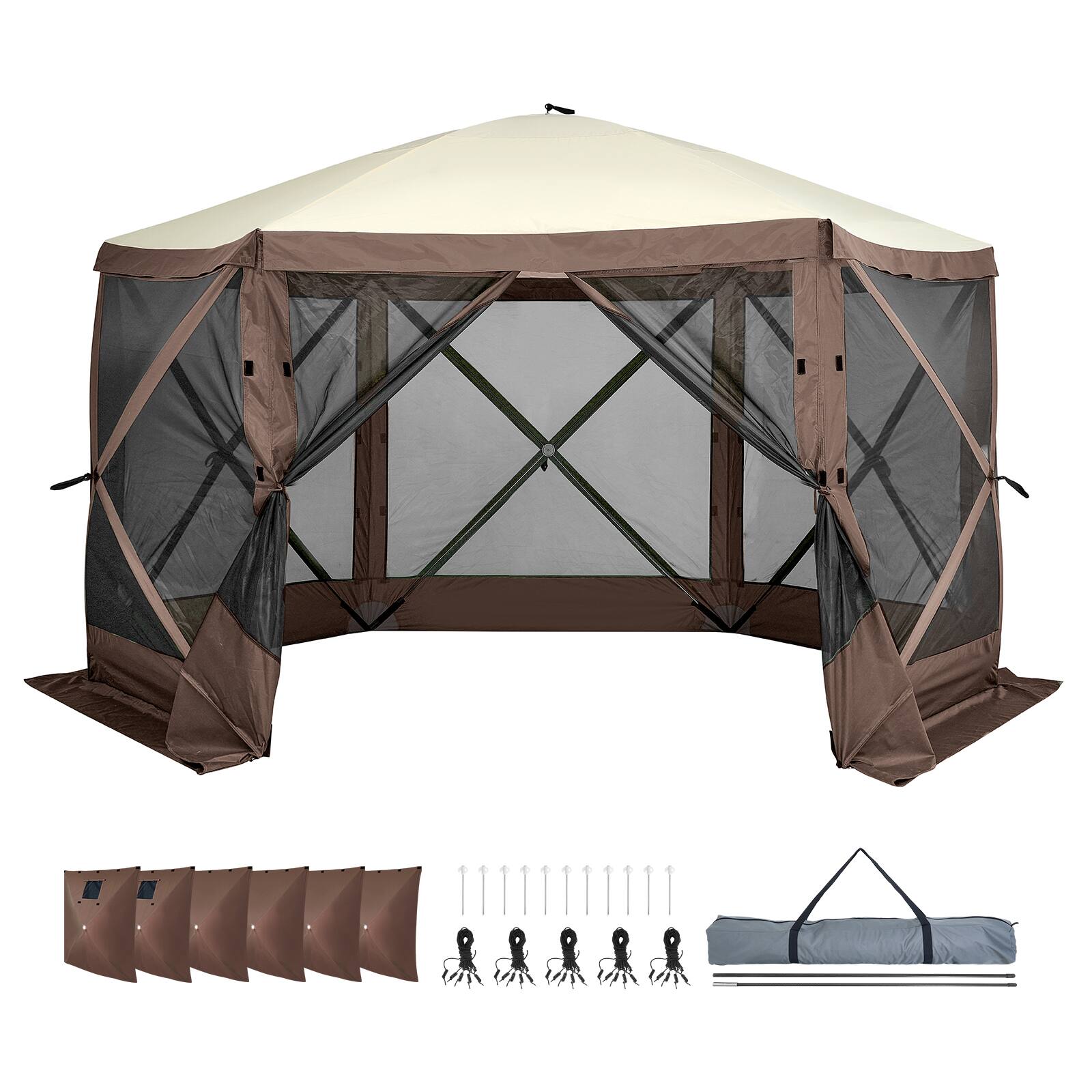 Front. VEVOR - Pop Up Gazebo Tent, Pop-Up Screen Tent 6 Sided Canopy Sun Shelter with 6 Removable Privacy Wind Cloths & Mesh Windows - Brown.