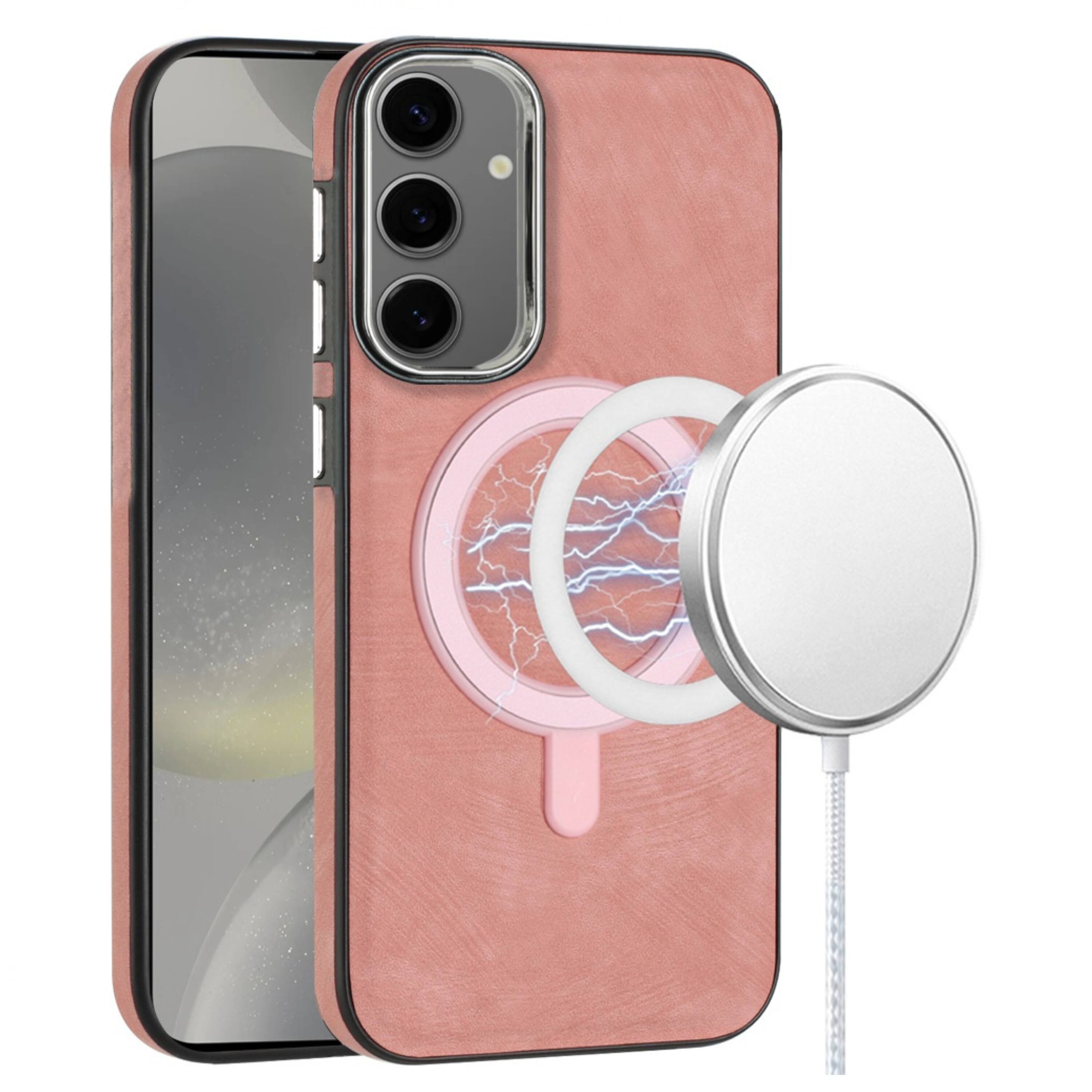 Front. Kitcheniva - Soft Vegan Leather Magnetic Circle Phone Case With Tempered Glass For Samsung S25 Plus S24 Plus Pink - Pink.