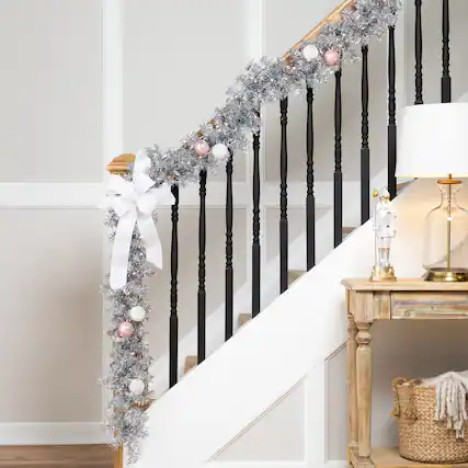 Front. Northlight - Pre-Lit Artificial Tinsel Christmas Garland - 9' x 8" - Silver - Clear Lights - Silver.