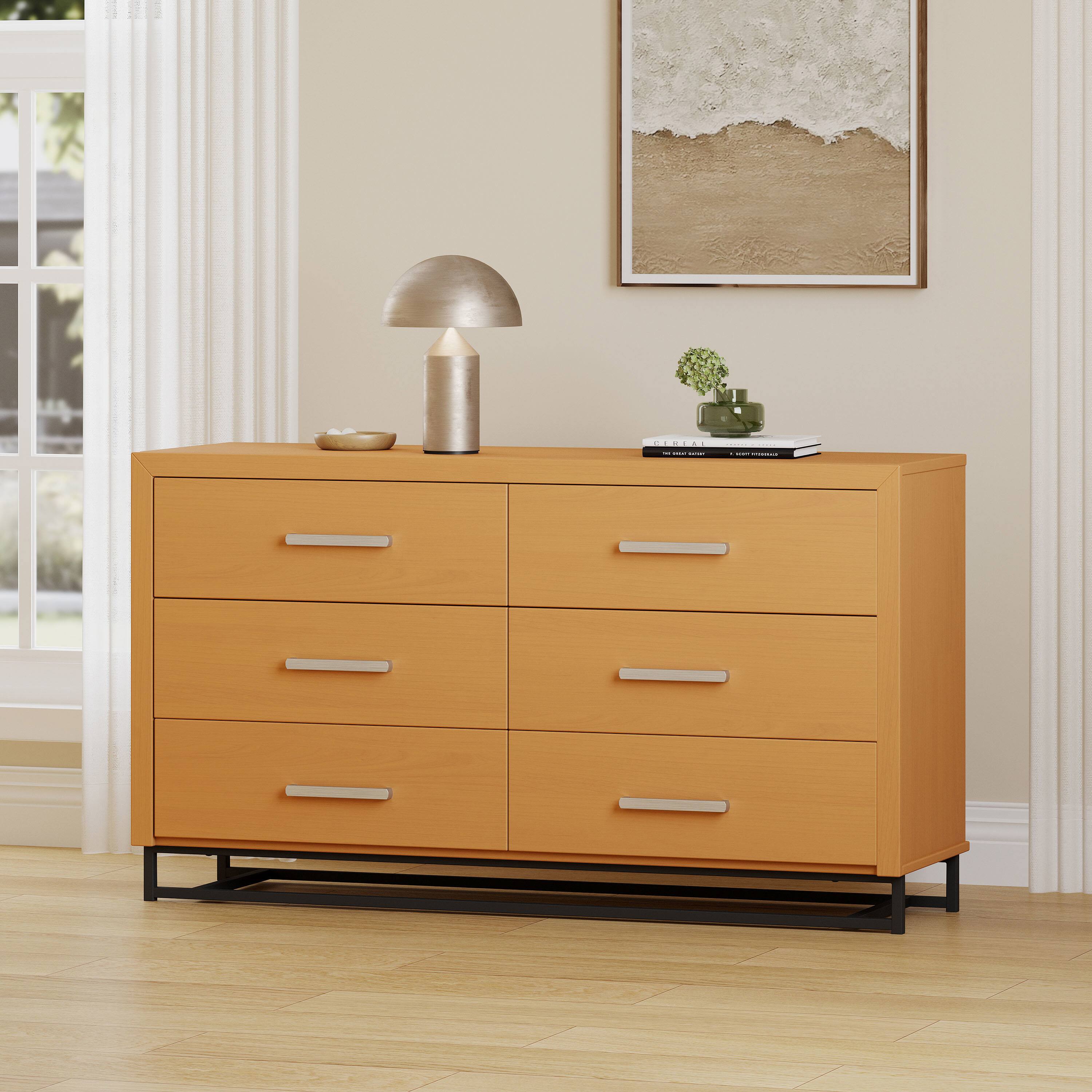 Angle. Spaco - Spaco Industrial 6-Drawer Double Dresser, Solid Iron Base, Minimalist Contemporary, Silver Handles for Bedroom - Maple.