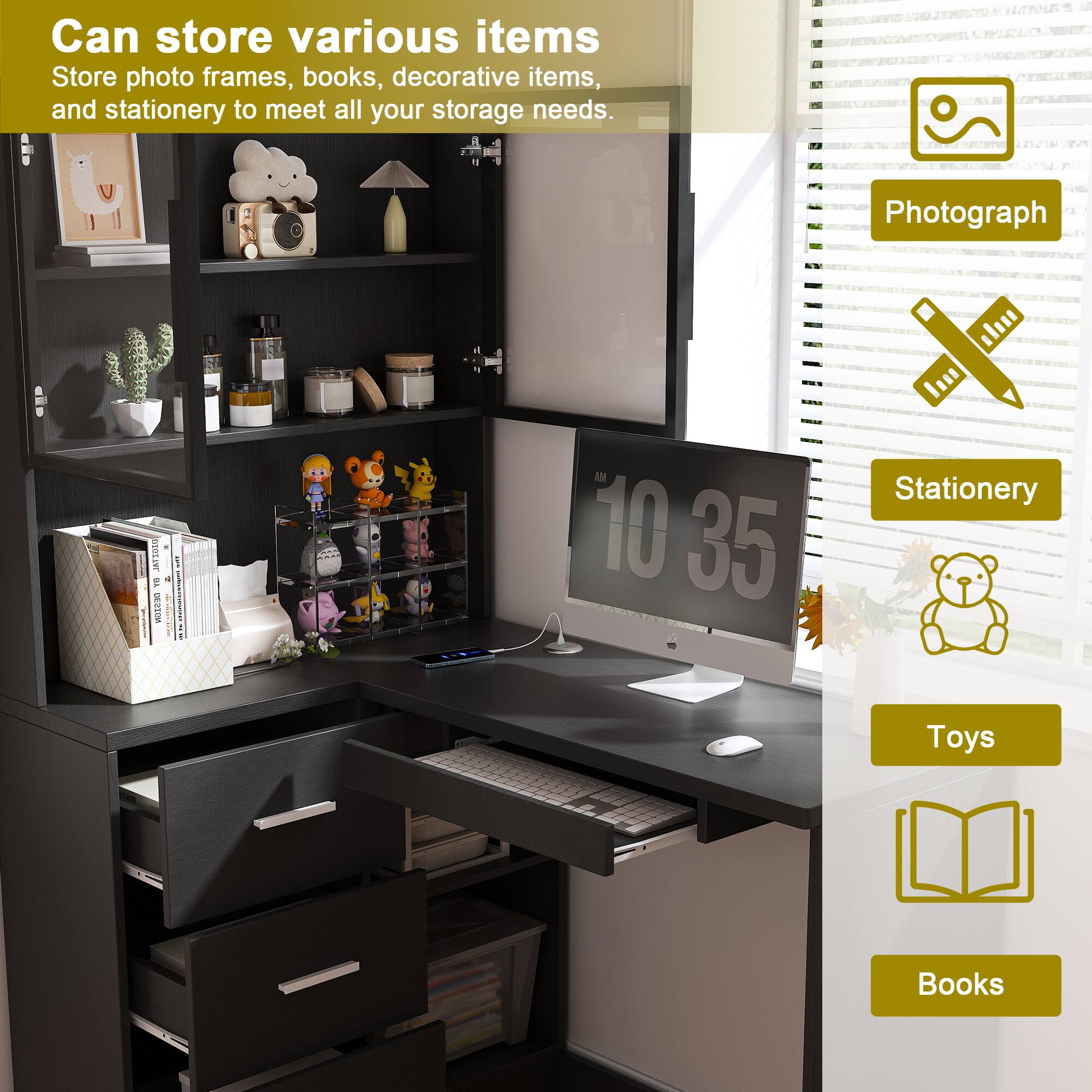 Can store various items  
Store photo frames, books, decorative items, and stationery to meet all your storage needs.

- Photograph
- Stationery
- Toys
- Books