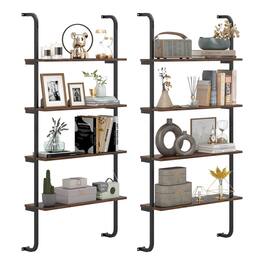 Costway - 2 PCS 4-Tier Wall-mounted Ladder Shelf Display Bookshelf with Heavy-duty Metal Frame - Coffee,Black