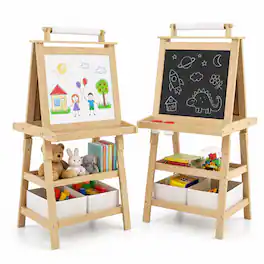 Costway - Kids Art Easel Double Sided Chalkboard Magnetic Whiteboard with Storage Tray - Natural