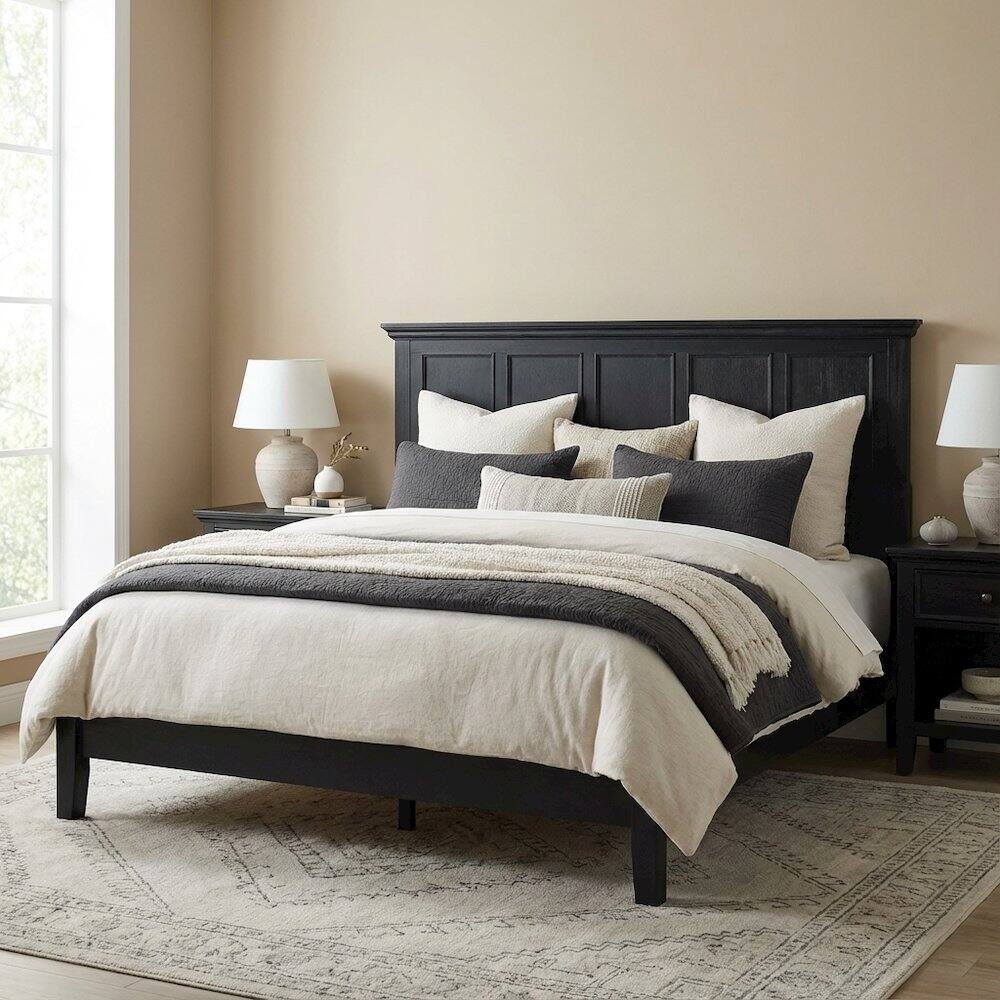 Back. FurniFact - Rustic Black King Bed Headboard, Mahogany, Steel Frame for Farmhouse Décor - Black.