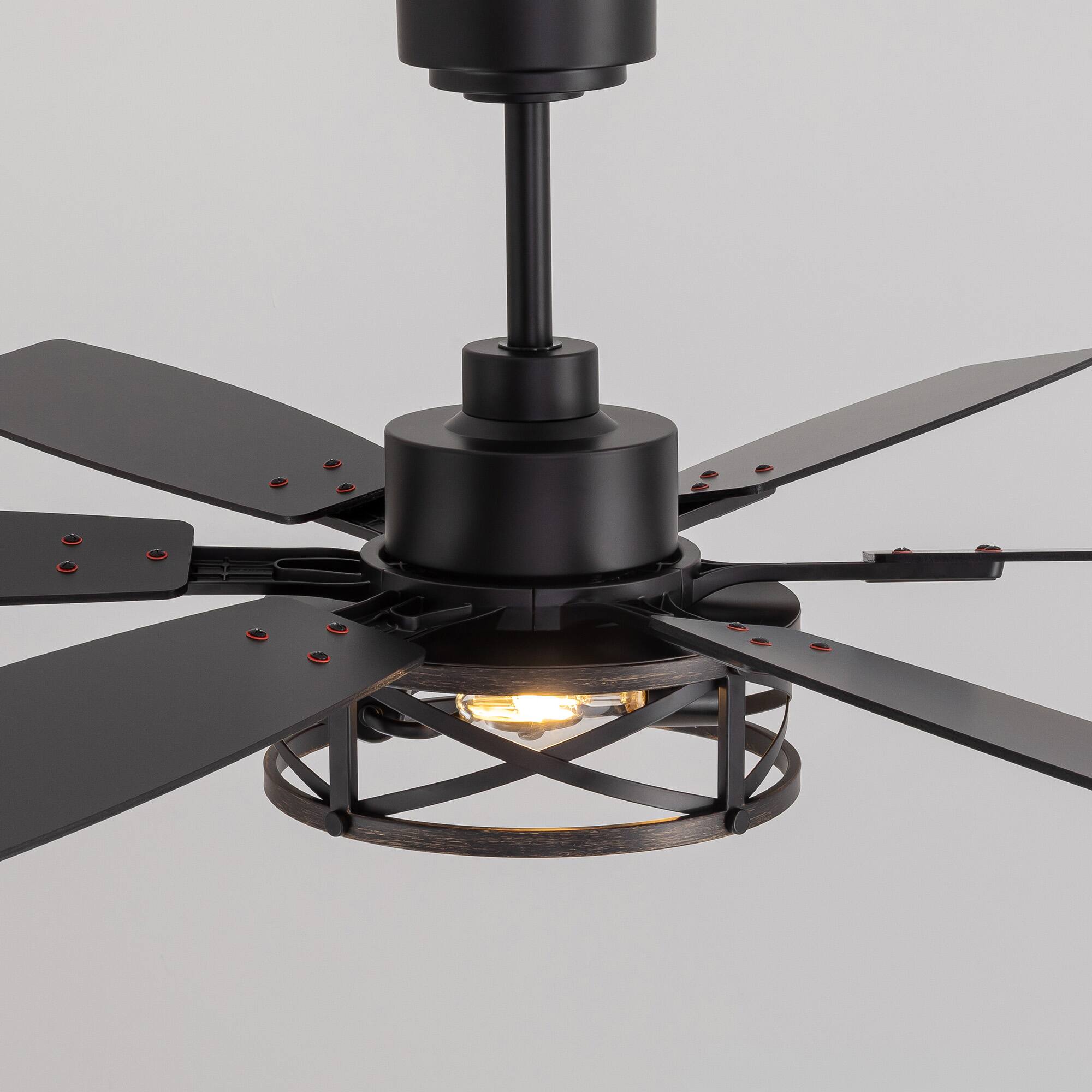 Alt View 7. Siljoy - 6-Blade Industrial Caged Ceiling Fan with Light - Multi-Speed, Reversible, Adjustable Downrod.