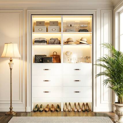 Front. Aheaplus - 2-Pack 96" Closet Organizer: 3 Hanging Rods, 3 Wood Drawers, Adjustable 5-8FT Walk-in System - White.