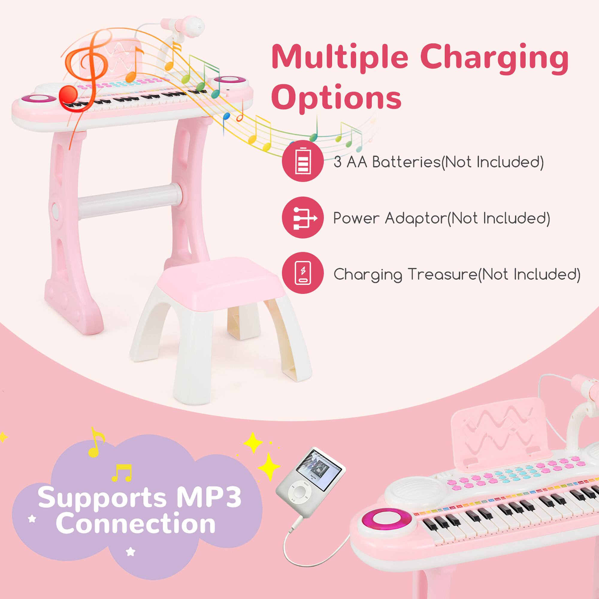 Multiple Charging Options  
- 3 AA Batteries (Not Included)  
- Power Adaptor (Not Included)  
- Charging Treasure (Not Included)  

Supports MP3 Connection