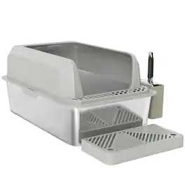 Pawhut - Steel Litter Box with Metal Scoop & Scoop Holder, High Sided - Light Gray