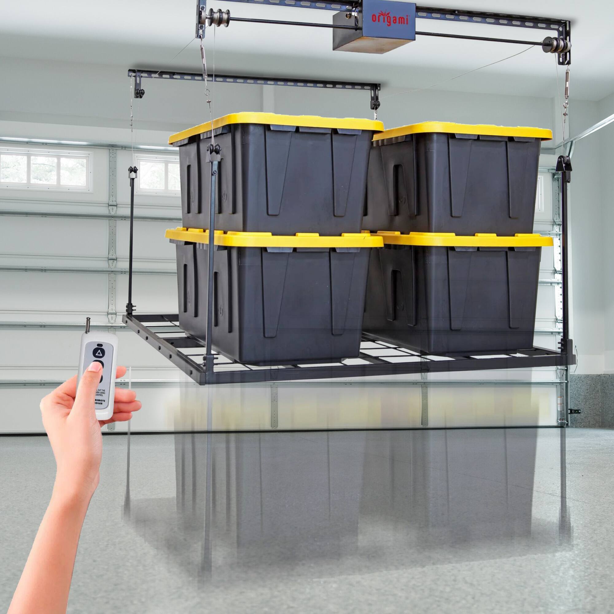Alt View 3. Origami - Origami Motorized Garage Ceiling Storage Rack, 52" x 25" Overhead Lift System - Black.