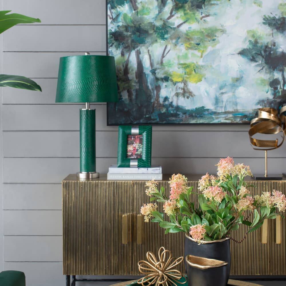 Left. Luckbyte - 14x14x27 Inch Leather Table Lamp.