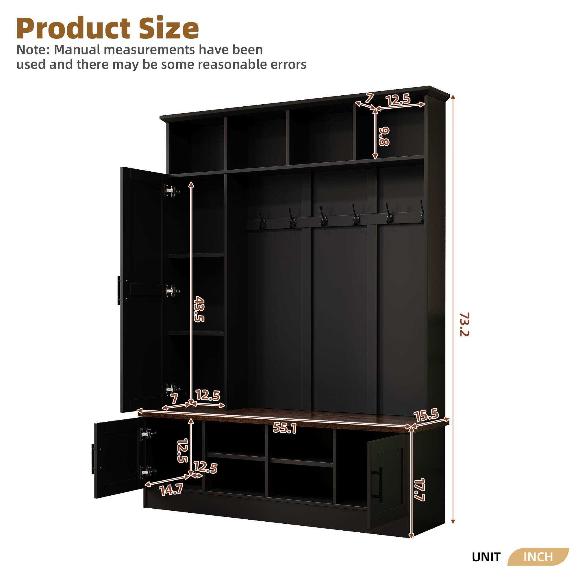 Product Size  
Note: Manual measurements have been used and there may be some reasonable errors  

- Height: 73.2 inches  
- Width: 43.5 inches  
- Depth: 17.7 inches  

- Top Shelf:  
  - Height: 12.5 inches  
  - Depth: 12.5 inches  

- Middle Shelf:  
  - Height: 12.5 inches  
  - Depth: 12.5 inches  

- Bottom Shelf:  
  - Height: 14.7 inches  
  - Depth: 12.5 inches  

- Drawer:  
  - Height: 7 inches  
  - Depth: 15.5 inches  

- Total Height: 73.2 inches  
- Total Width: 43.5 inches  
- Total Depth: 17.7 inches  

UNIT: INCH