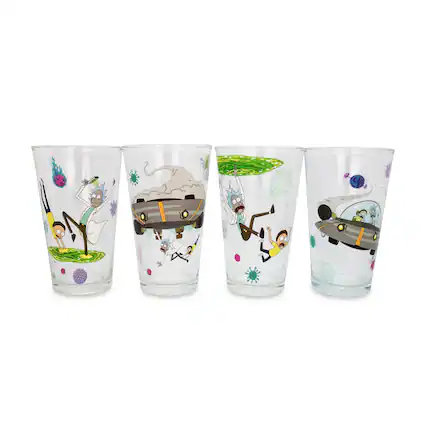Front. Silver Buffalo - Rick and Morty 16-Ounce Pint Glasses | Set of 4 - Green.