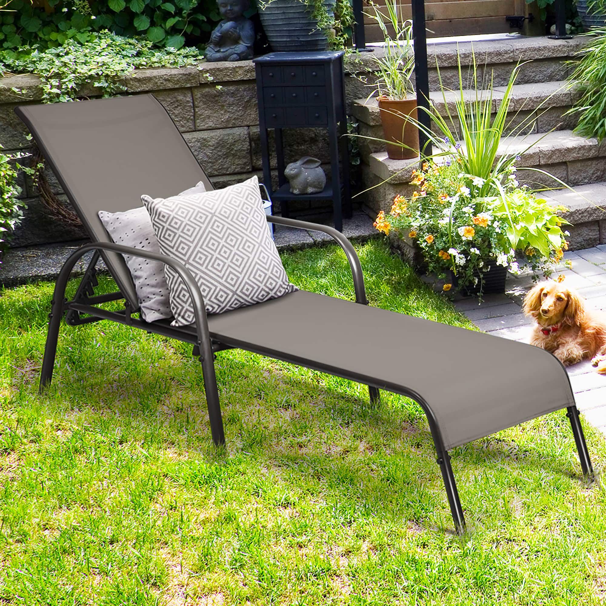 Costway - Outdoor Patio Lounge Chair Chaise Fabric Adjustable Reclining Armrest Pool - Brown