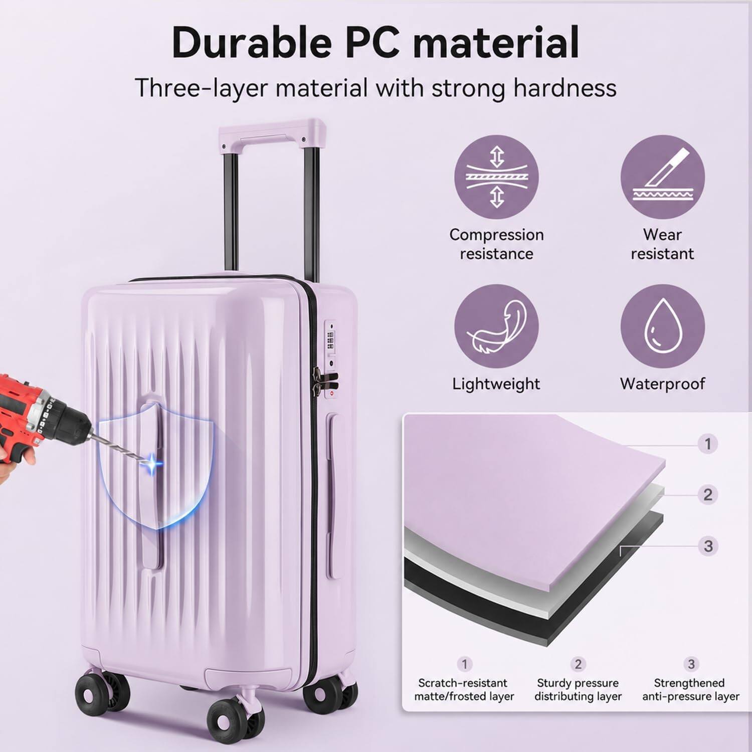 Durable PC material  
Three-layer material with strong hardness  
Compression resistance  
Wear resistant  
Lightweight  
Waterproof  
Scratch-resistant  
Sturdy pressure  
Strengthened matte/frosted layer  
Distributing layer  
Anti-pressure layer