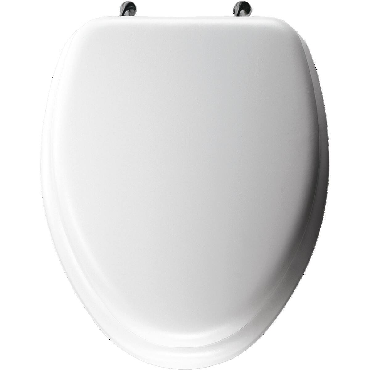 Angle. BEMIS - Mayfair Elongated Cushioned Vinyl Soft Toilet Seat in White with STA-TITE Seat Fastening System and Chrome Hinge - White.