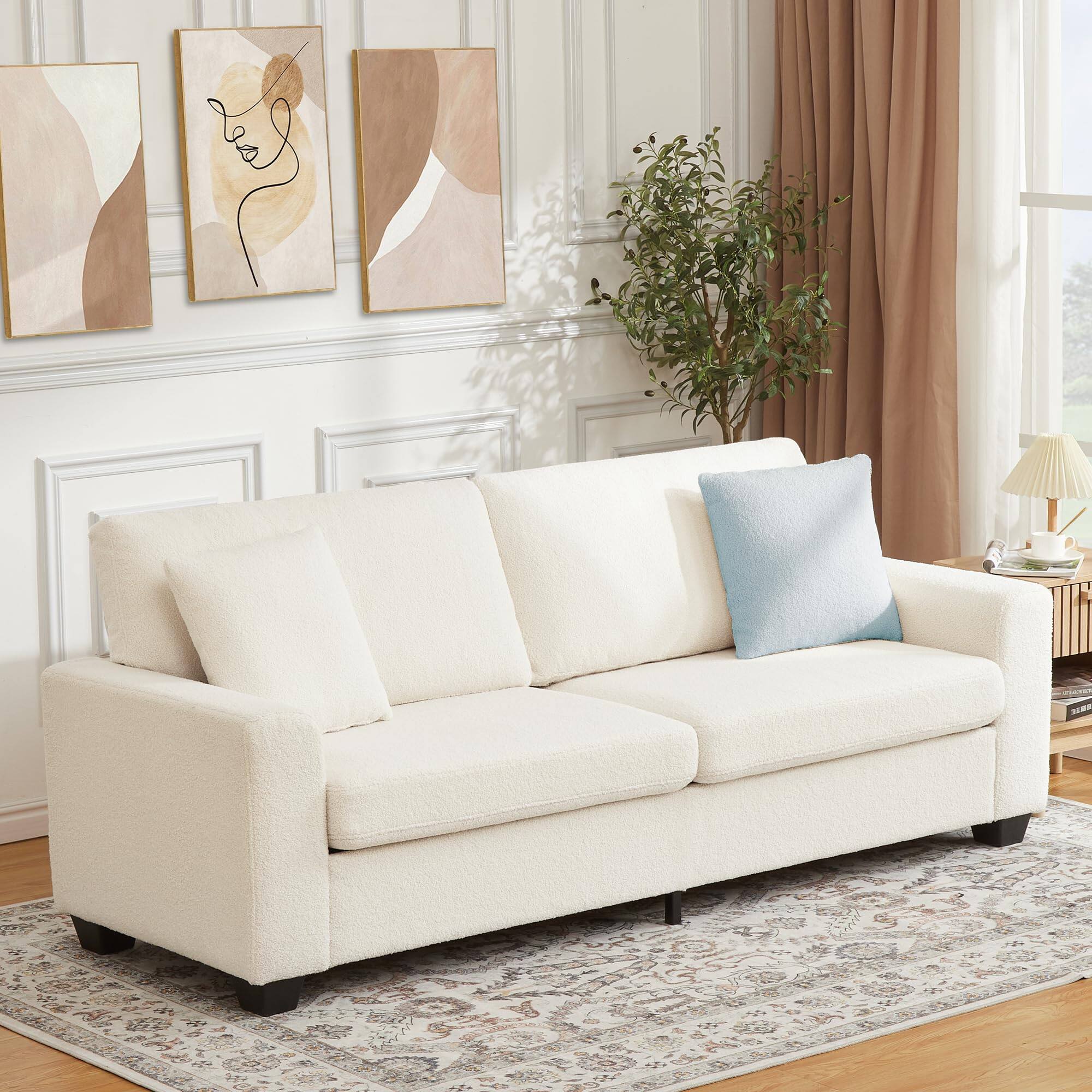 Jojoka - 83" Modern 3-Seater Cloud Couch, Deep Seat Sofa with Wide Armrests & Removable Washable Cushions - Beige