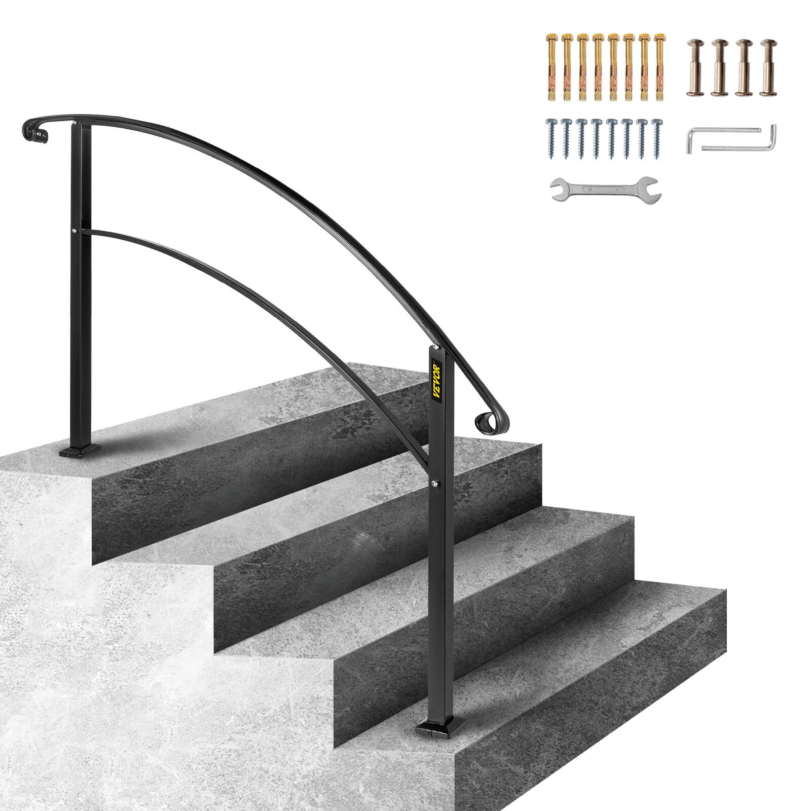 VEVOR - 4-Step Handrail Fits 1 or 4 Steps Matte Stair Rail Wrought Iron Handrail with Installation Kit Hand Rails - Black