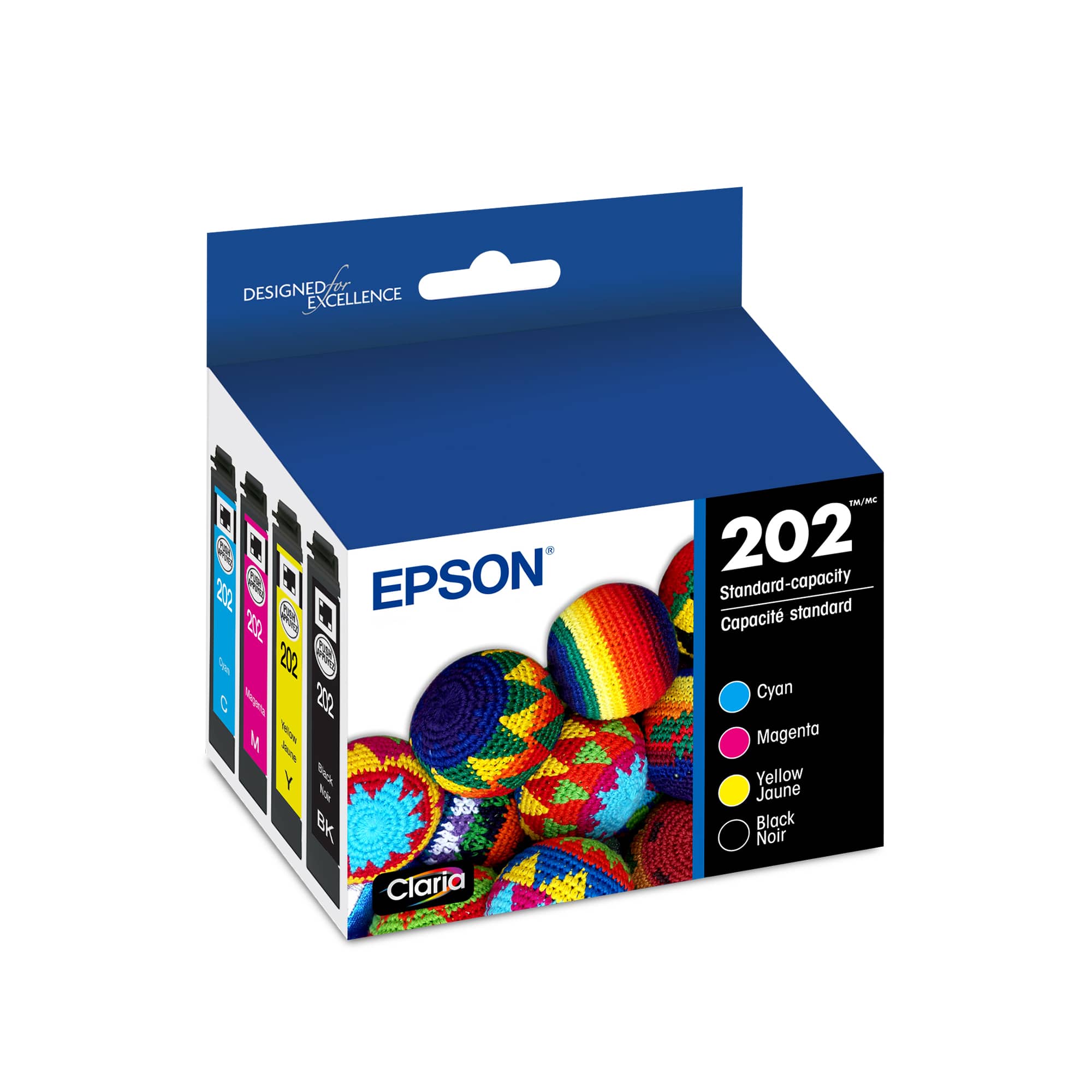 The text on the image reads: "Designed for Excellence. Epson 260. 2002 Standard-capacity cartridges. Claria TM Ink. 20 ml each. Cyan, Magenta, Yellow, Jaune, Black, Noir."