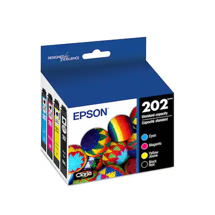 The text on the image reads: "Designed for Excellence. Epson 260. 2002 Standard-capacity cartridges. Claria TM Ink. 20 ml each. Cyan, Magenta, Yellow, Jaune, Black, Noir."