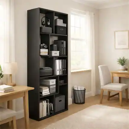 Front. HTUTWOO - Asymmetrical Display Shelf and Bookcase – 5-Tier Geometric Bookcase, Staggered Cube Layout, Storage for Home Office - Black.