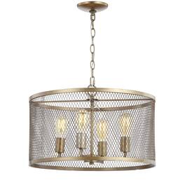 Jonathan Y - Pen 4-Light 20" Iron Adjustable Industrial Mesh LED Pendant, Gold - Antique Gold