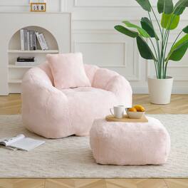 GOODSILO - Oversized Shell-Shaped Faux Fur Bean Bag Chair with Matching Footstool for Living Room and Bedroom Lounging - Pink